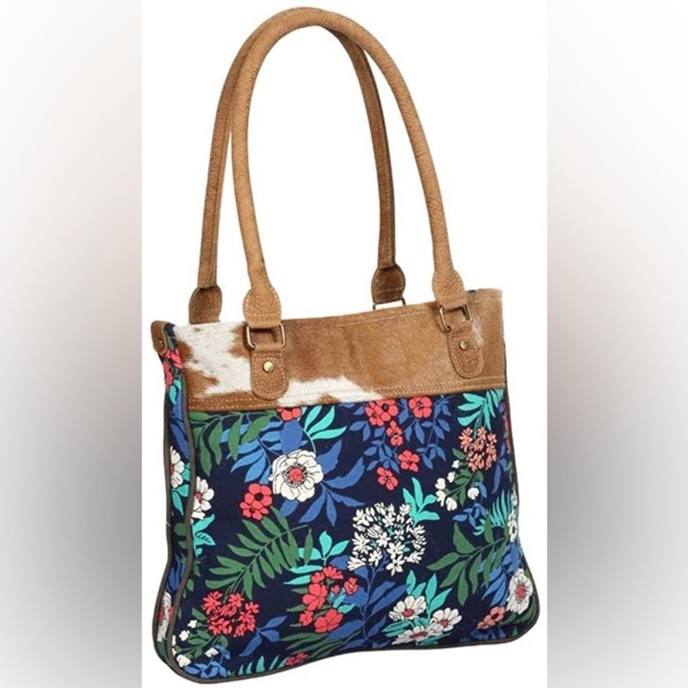 Myra Bag Beatific Upcycled Canvas & Cowhide Handbag S-1383